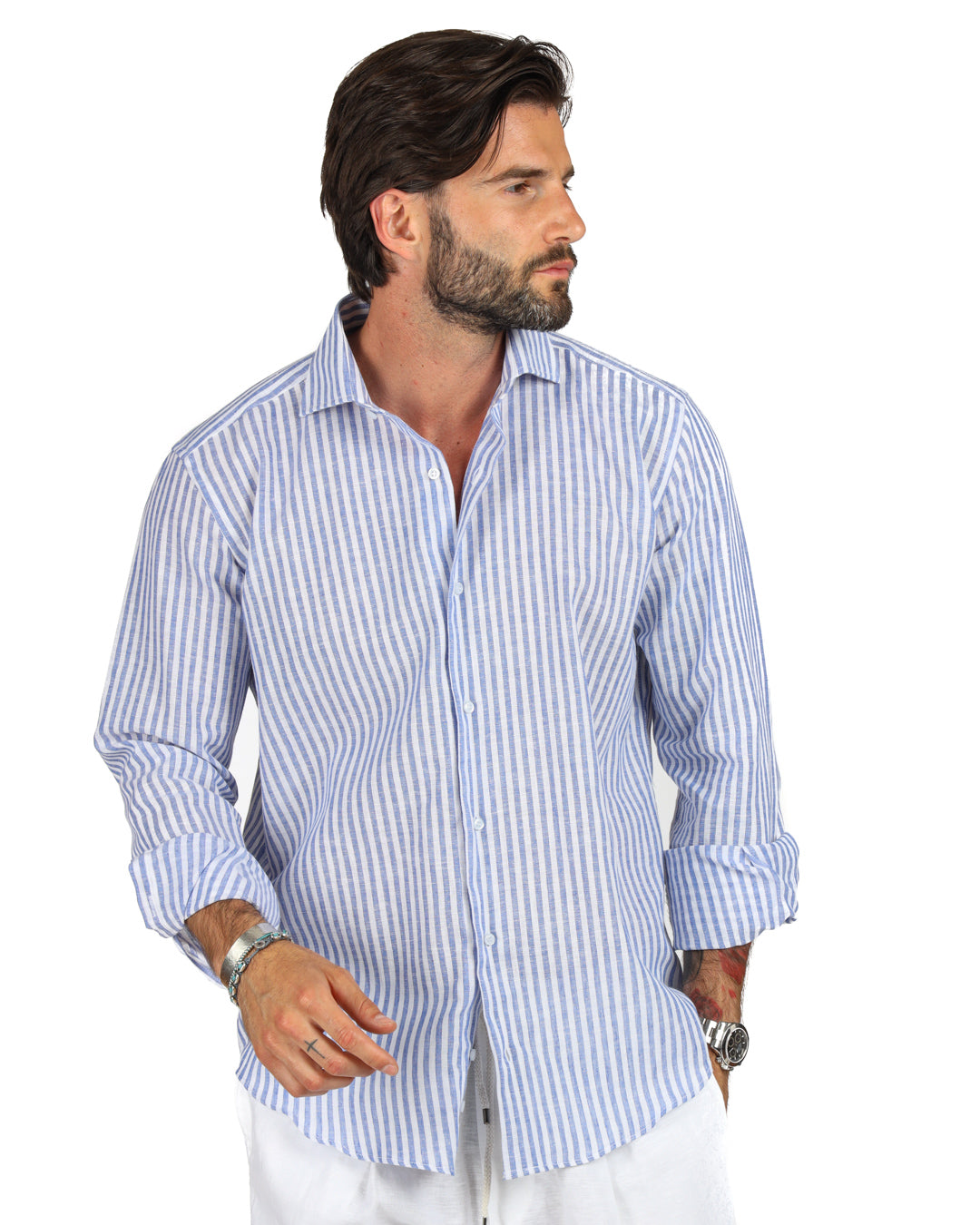Ischia - Camicia classica righe strette azzurre in lino