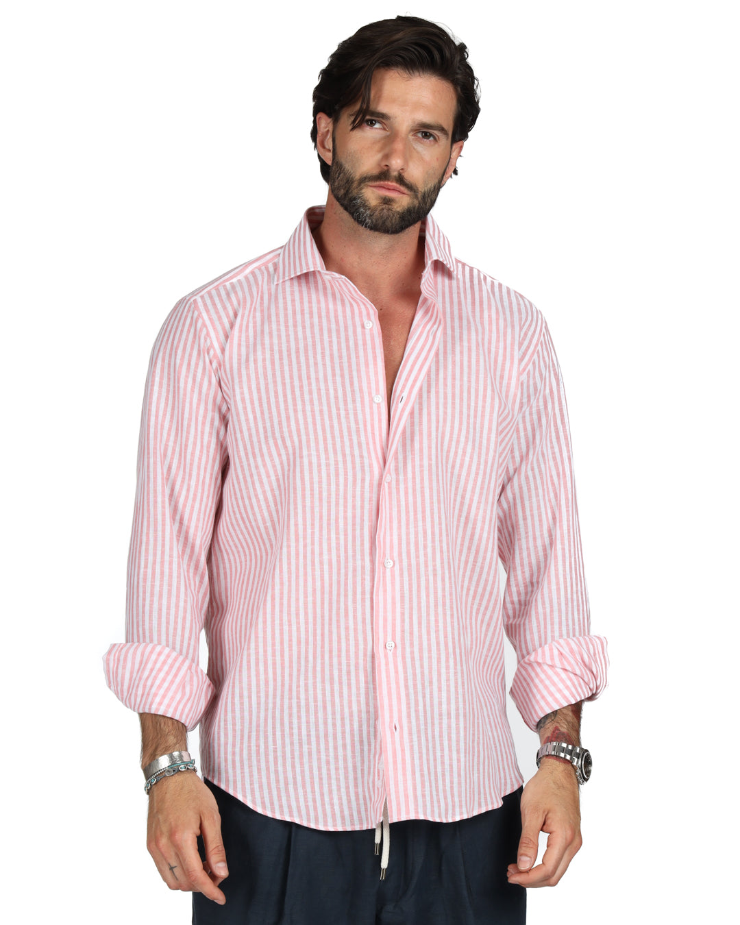 Ischia - Camicia classica righe strette rosa in lino