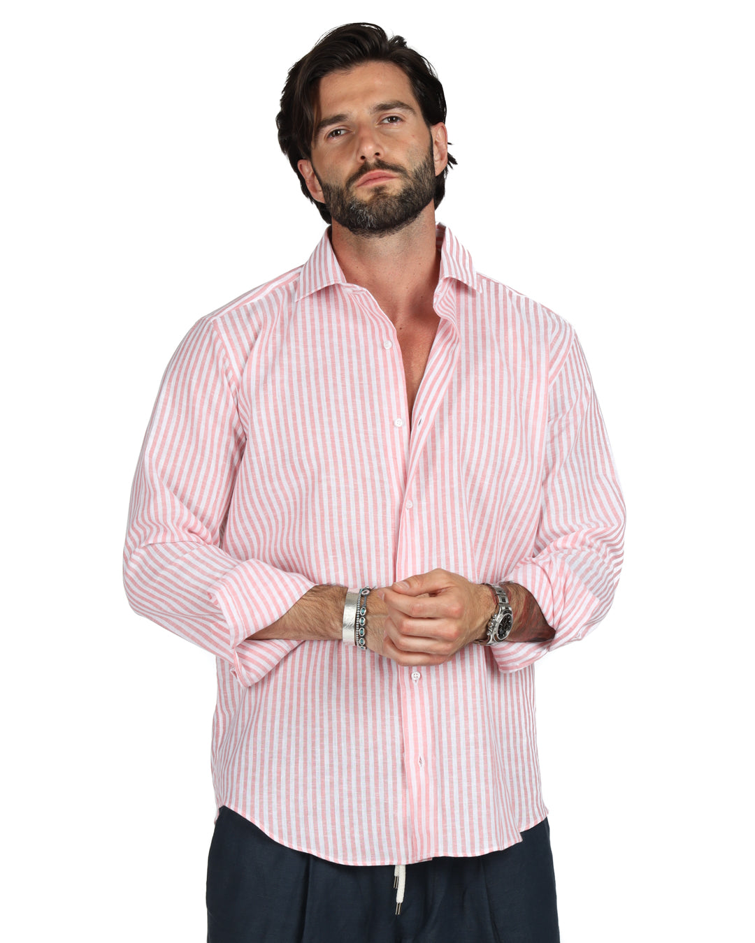 Ischia - Camicia classica righe strette rosa in lino