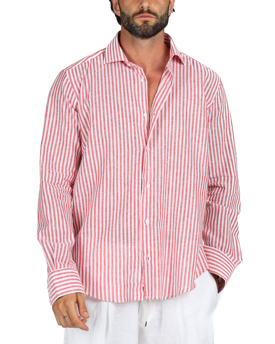 Ischia - Camicia classica righe strette rossa in lino