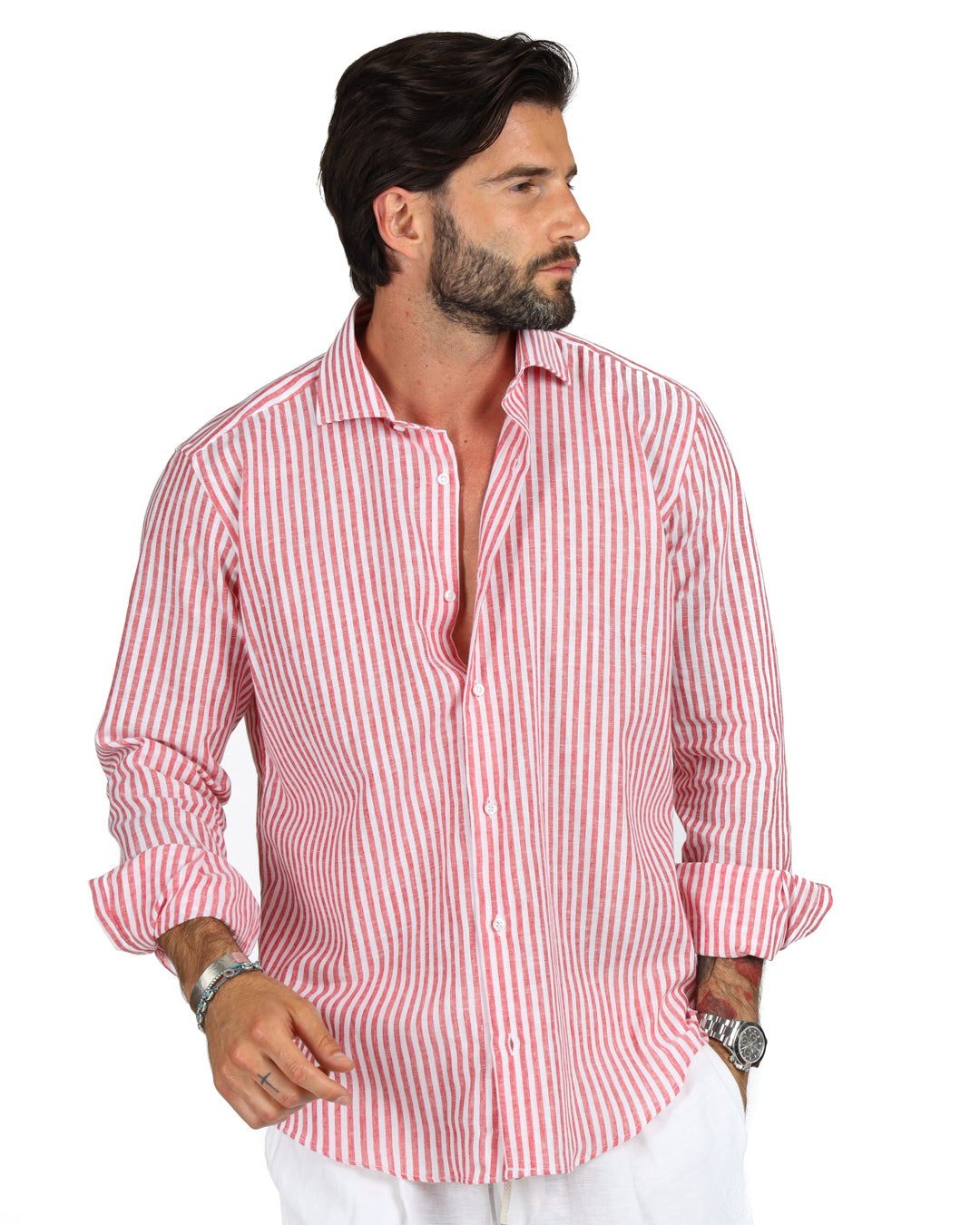 Ischia - Camicia classica righe strette rossa in lino