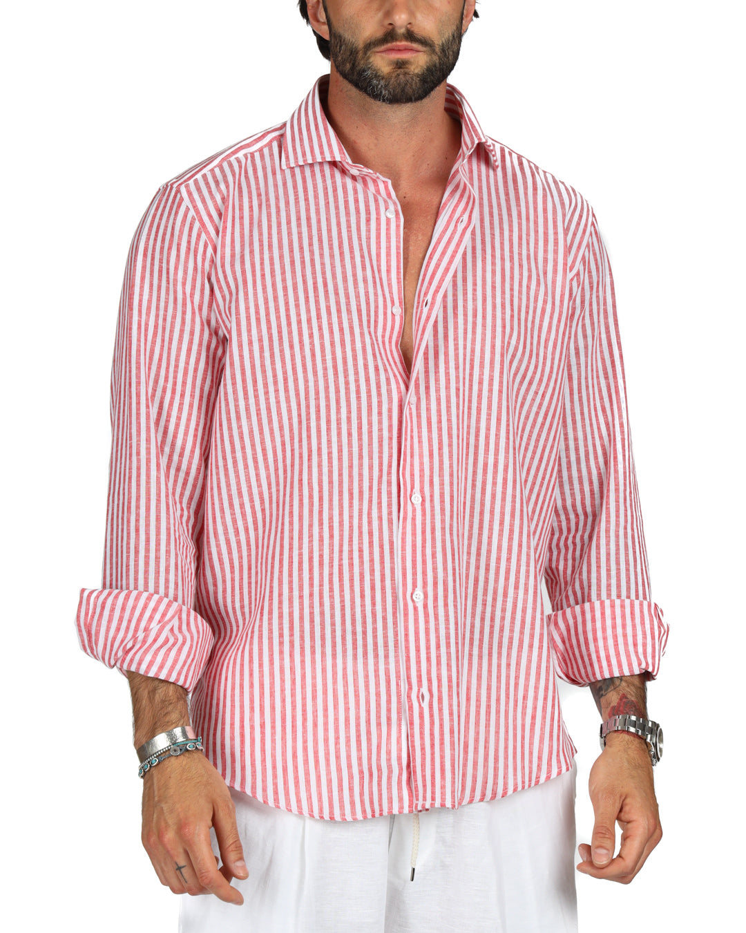 Ischia - Classic red narrow striped linen shirt
