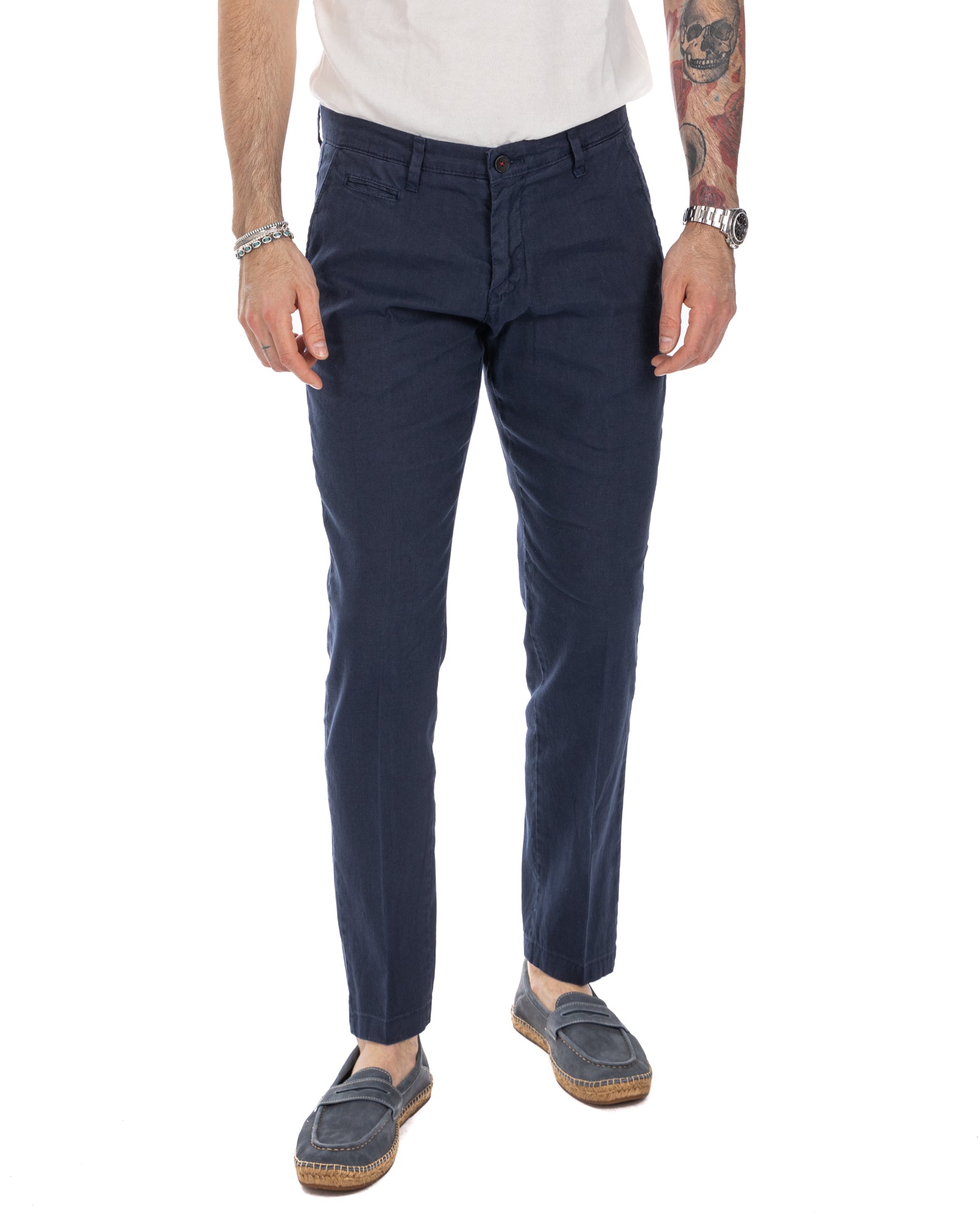 Didier - pantalone blu in lino stretch