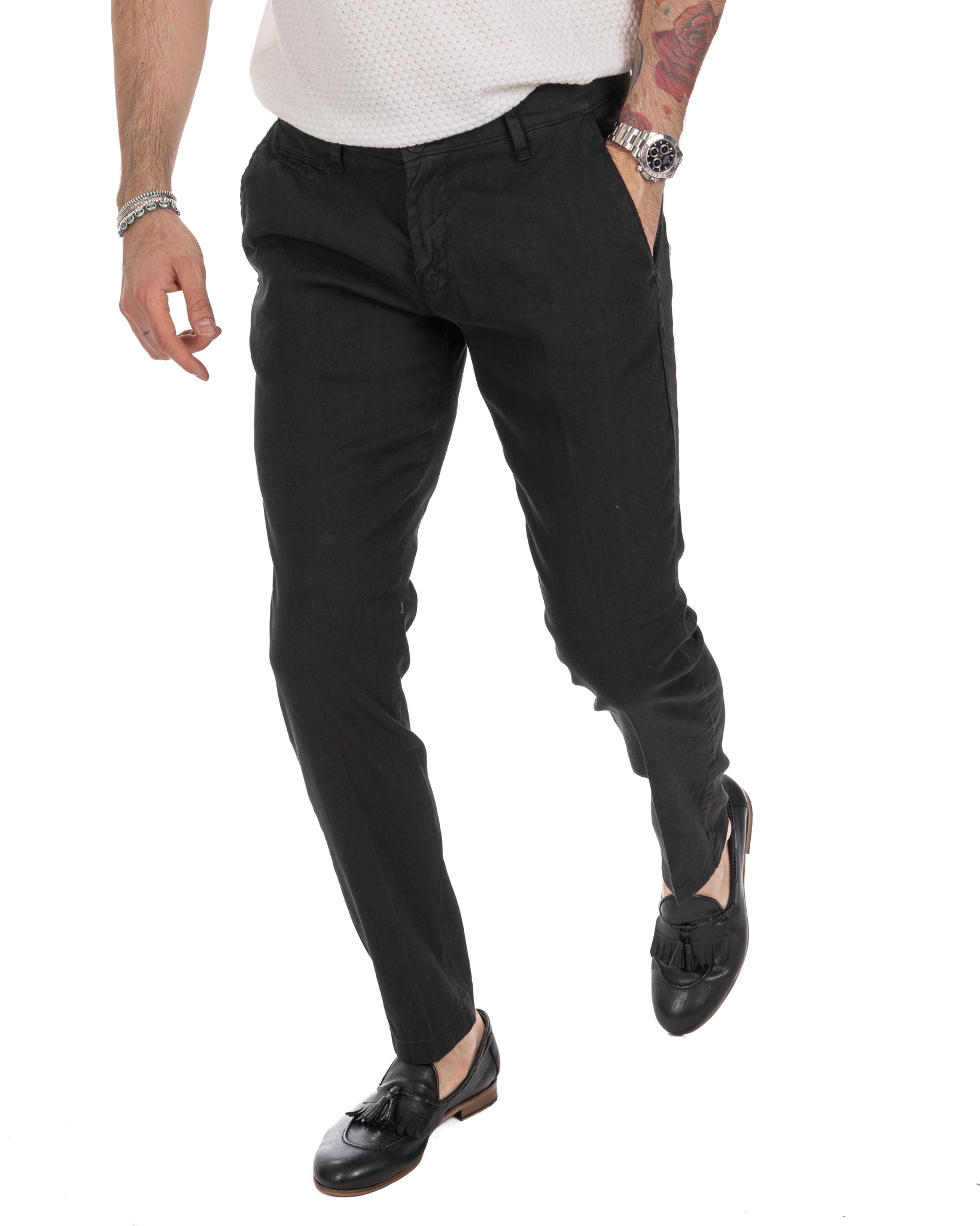 Didier - pantalone nero in lino stretch