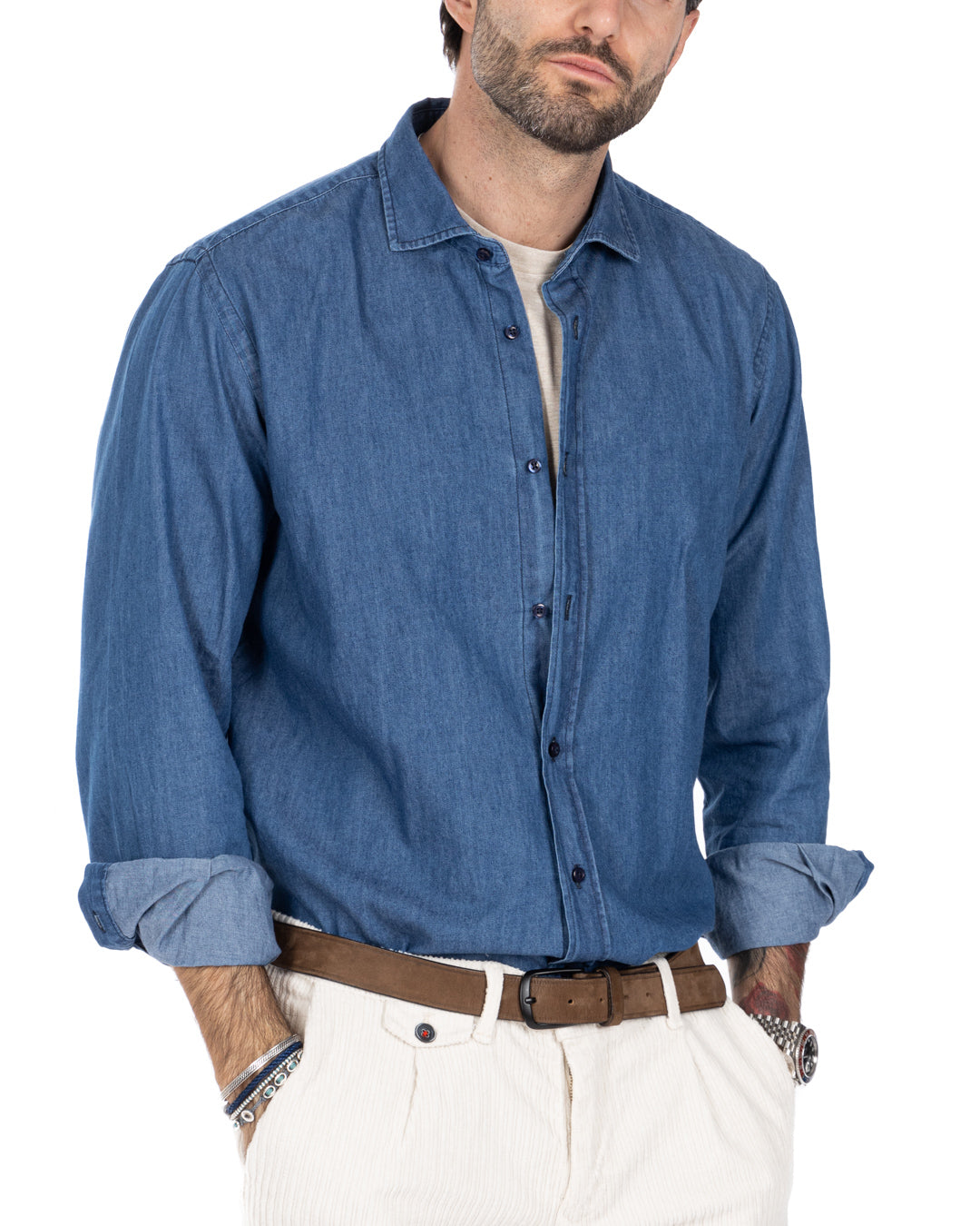 Camicia - basic classica lavaggio chiaro in jeans