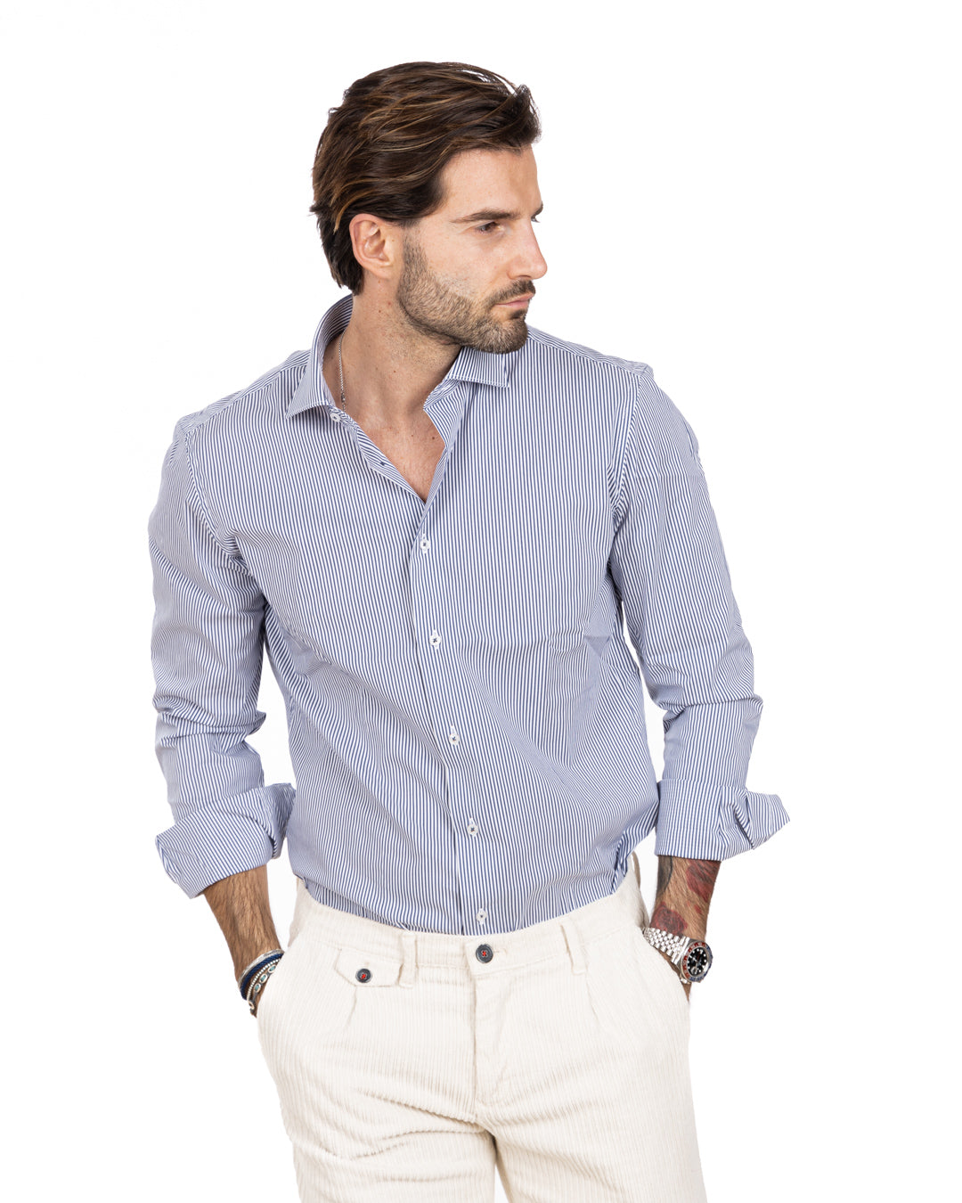 Camicia - basic classica riga stretta azzurra in cotone
