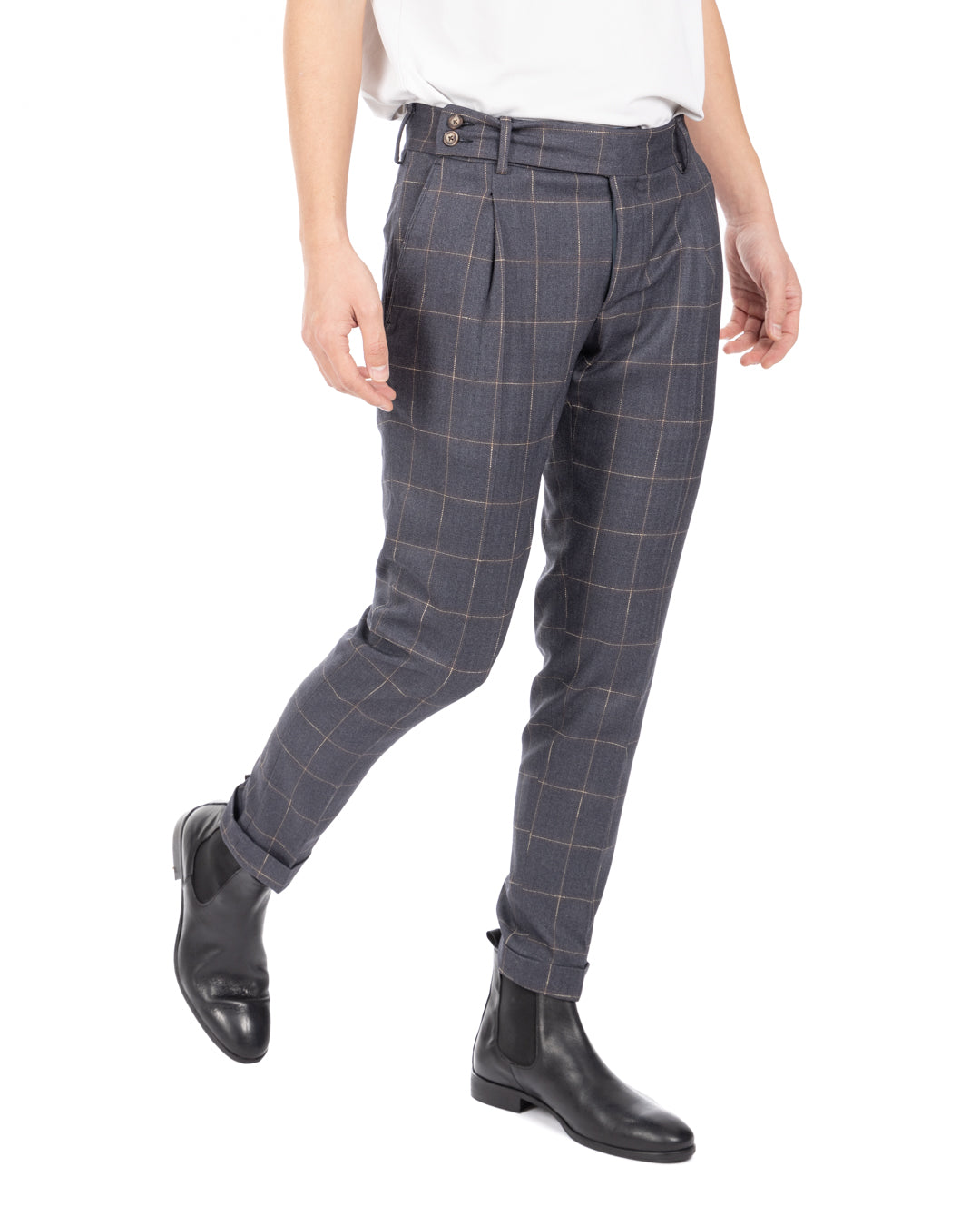 Italien - pantalon taille haute à carreaux gris