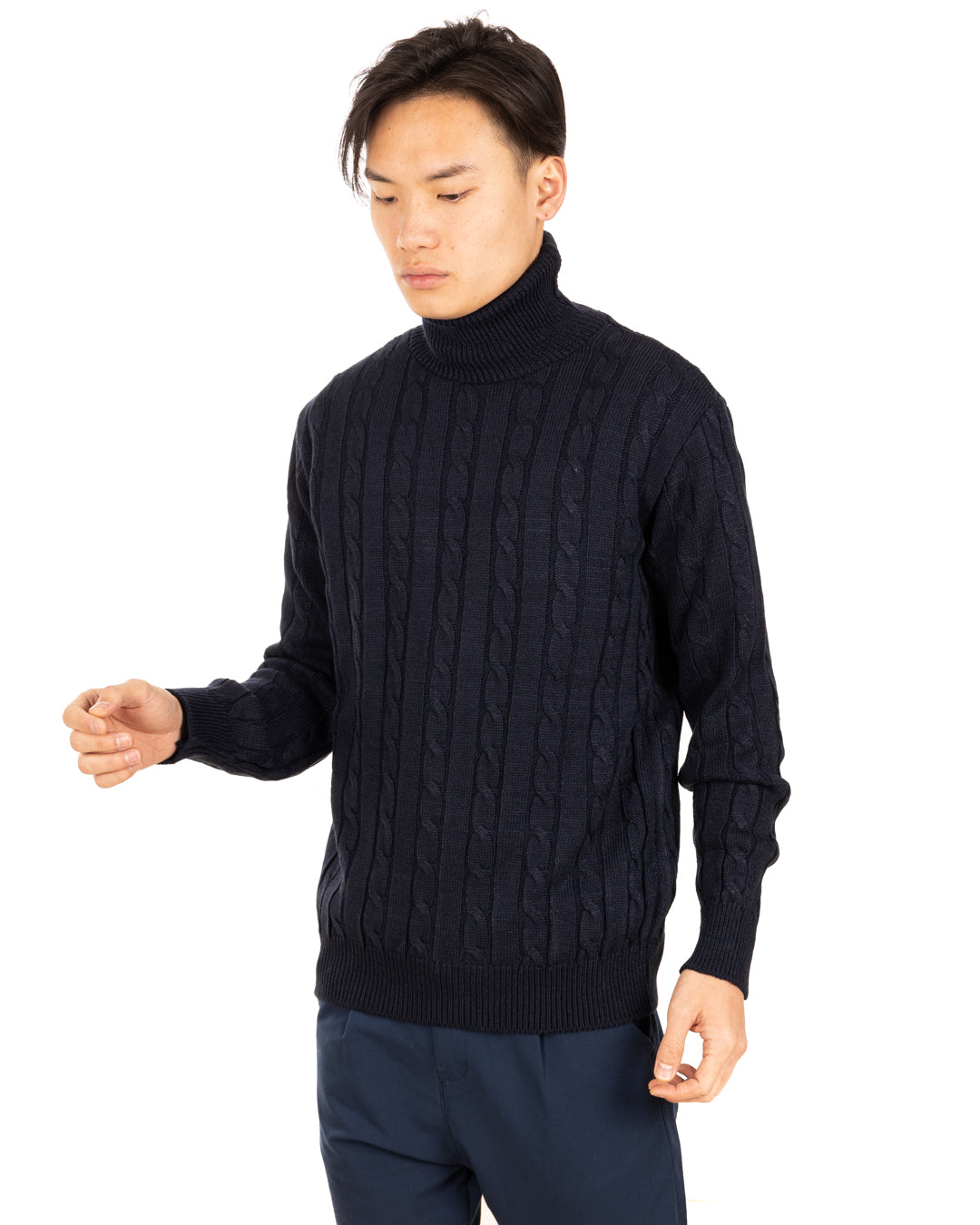 Crovie - blue sweater with high neck cables