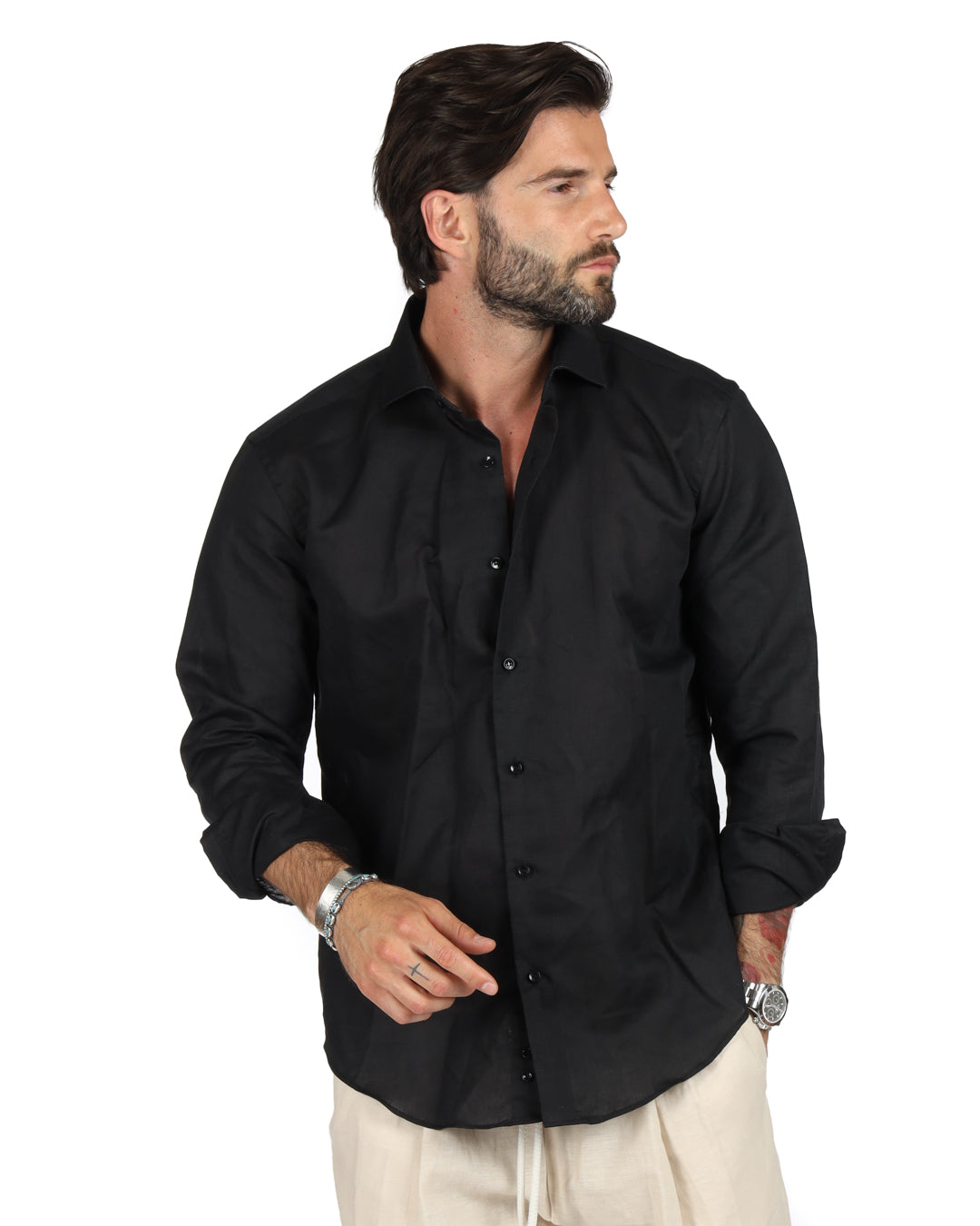 Praiano - Camicia classica nera in lino