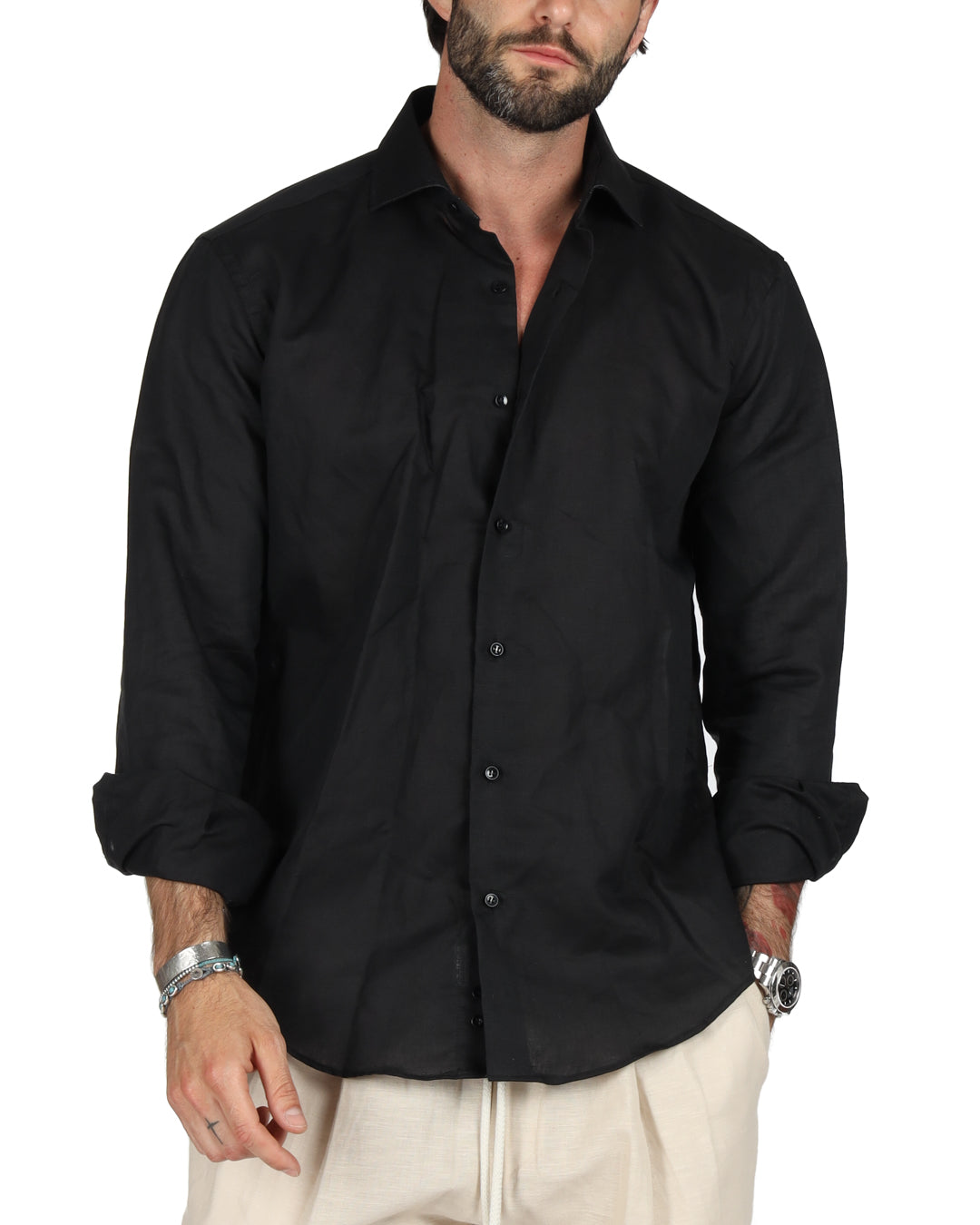 Praiano - Camicia classica nera in lino