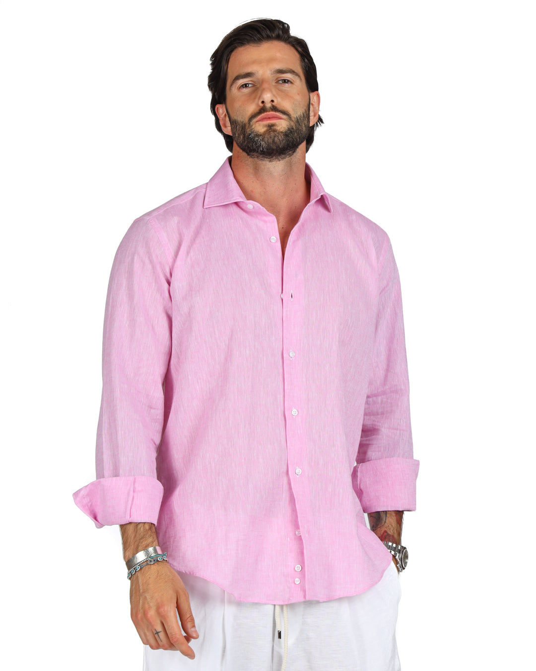 Praiano - Camicia classica rosa in lino