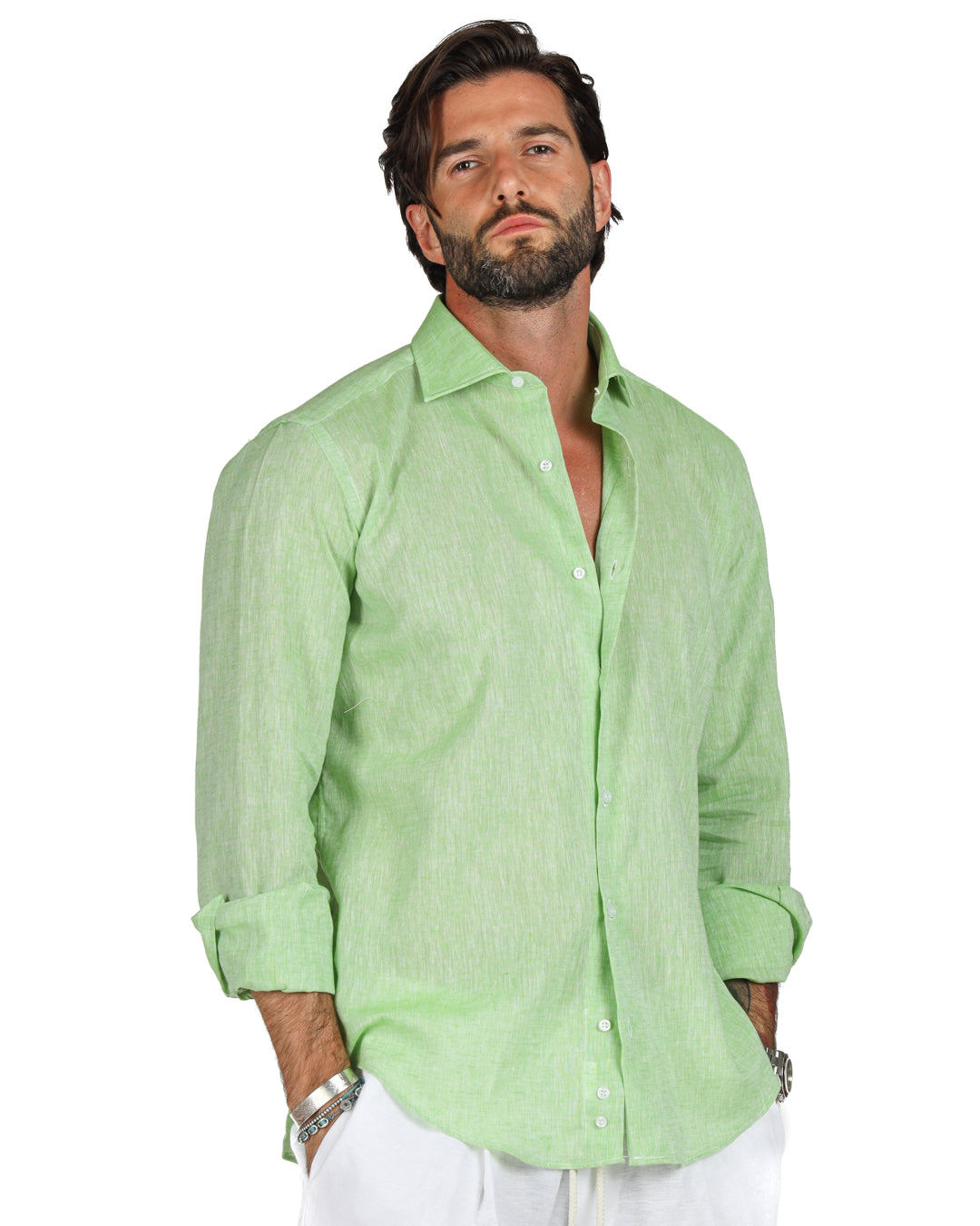 Praiano - Camicia classica verde mela in lino