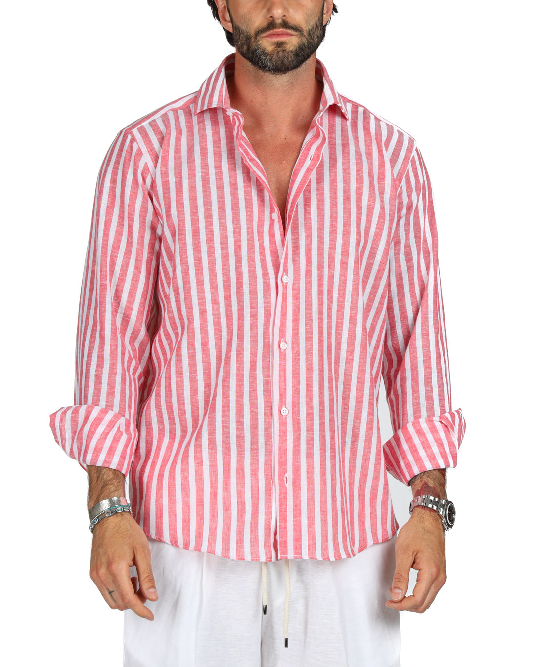Procida - Classic red wide striped linen shirt