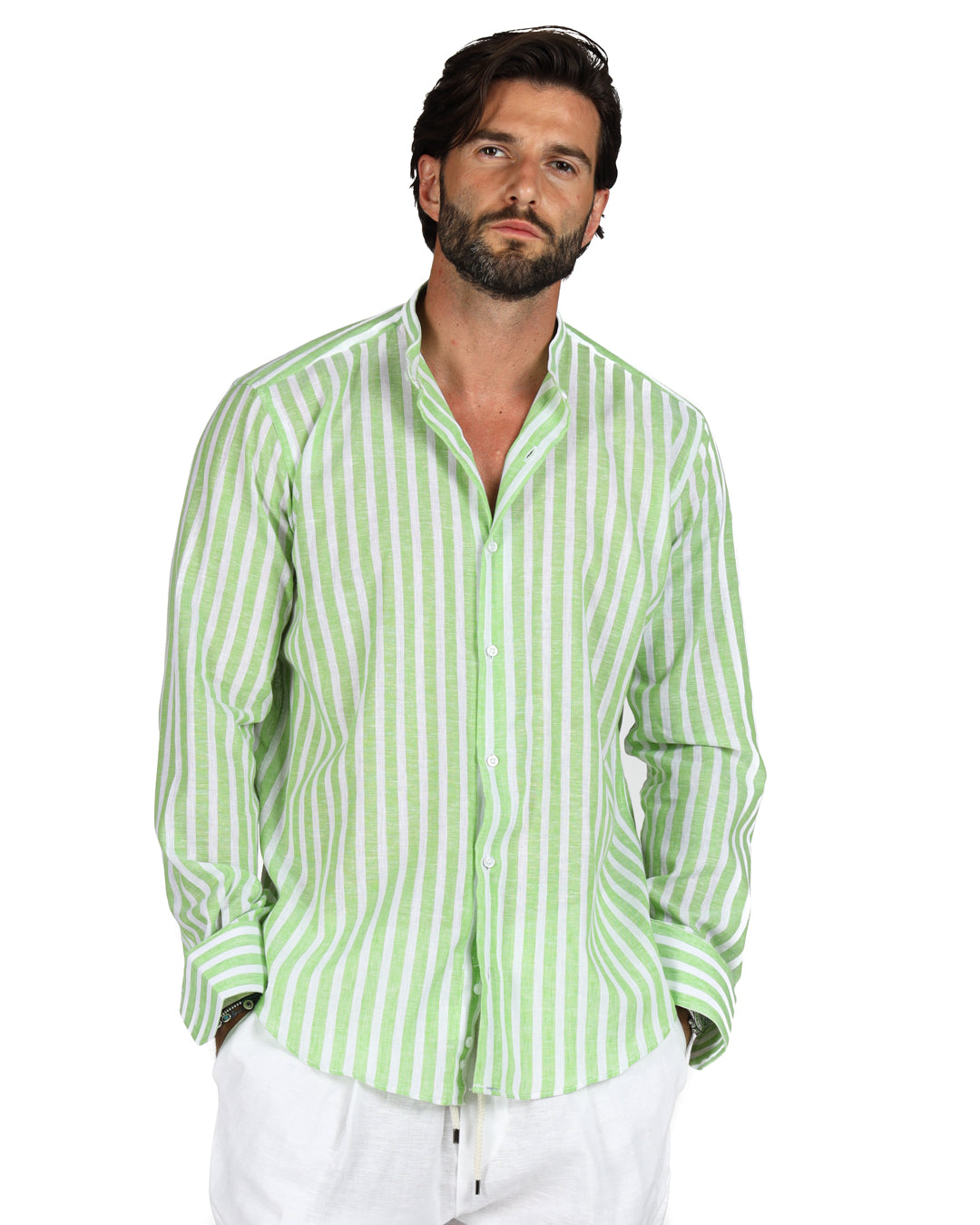 Alla Coreana Camicia Coreana A Righe Uomo Camicia 100% Lino