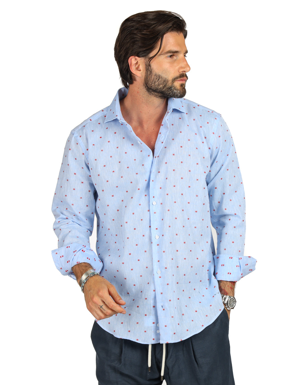 Salina - Classic light blue linen shirt with red embroidery