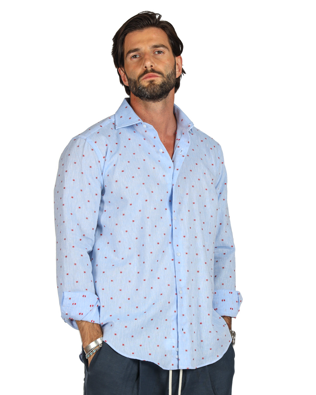 Salina - Classic light blue linen shirt with red embroidery