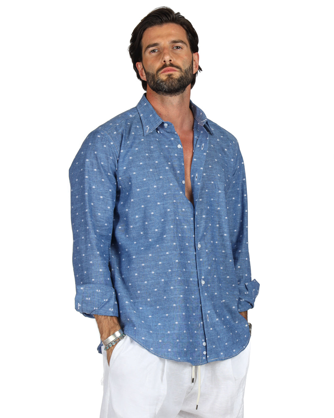 Salina - Classic denim shirt with white linen embroidery
